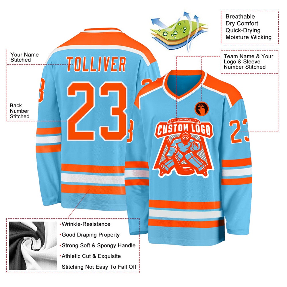 Custom Sky Blue Orange White Hockey Jersey, New Hockey Jersey, Personali Sport Team Jersey Shirt Custom Sky Blue Orange White Hockey Jersey, New Hockey Jersey, Personali Sport Team Jersey Shirt