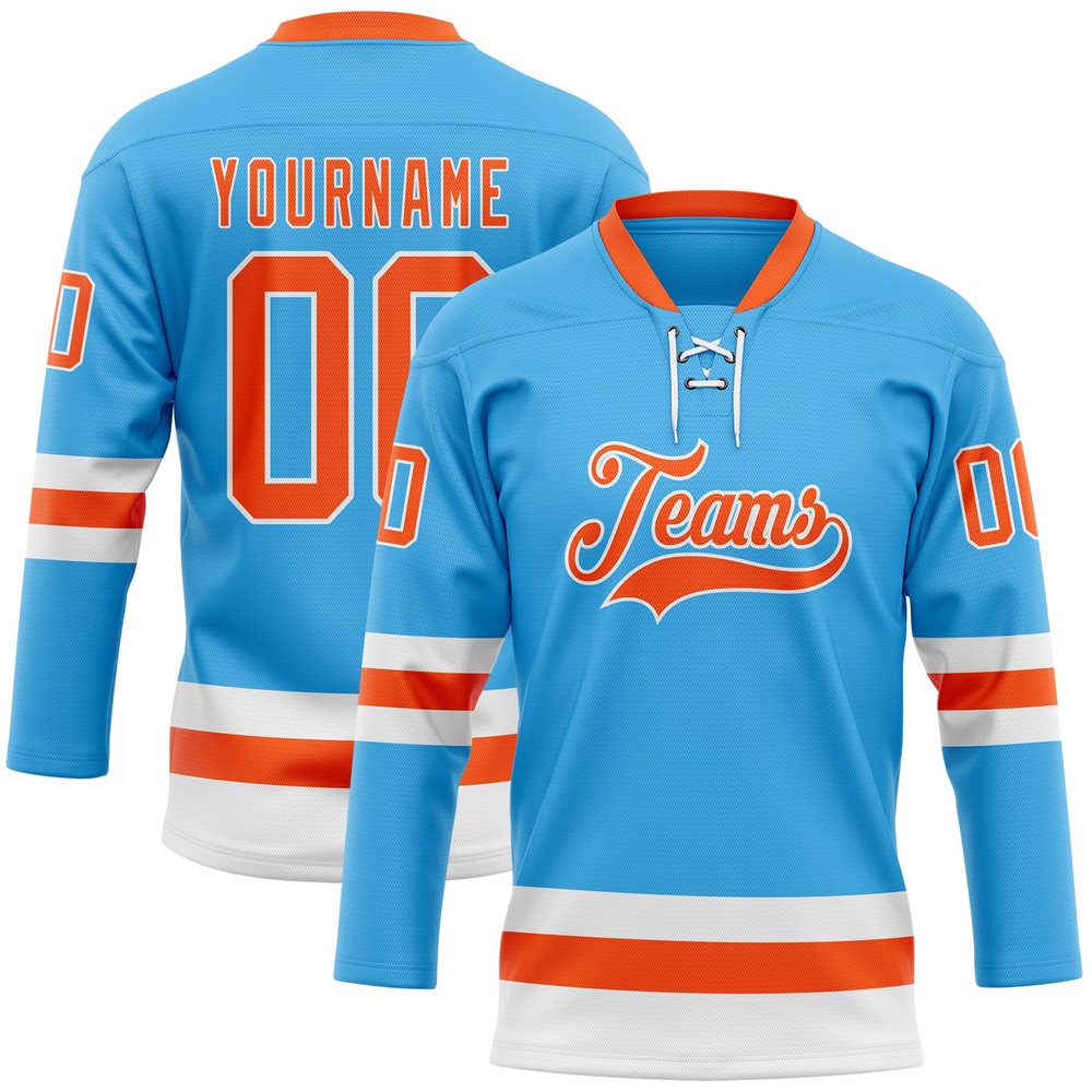 Custom Sky Blue Orange White Hockey Lace Neck Jersey, New Hockey Jersey, Personali Sport Team Jersey Shirt Custom Sky Blue Orange White Hockey Lace Neck Jersey, New Hockey Jersey, Personali Sport Team Jersey Shirt