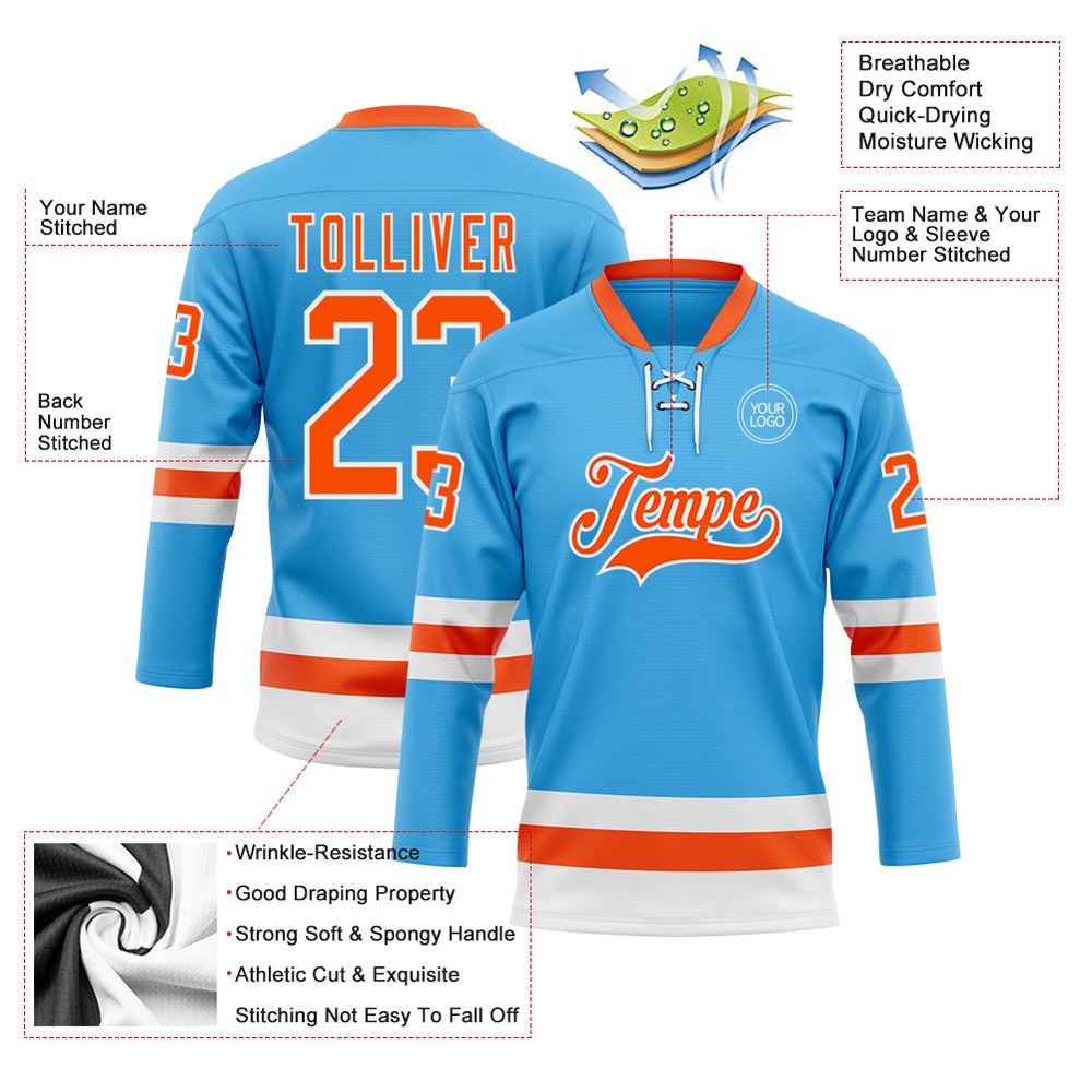 Custom Sky Blue Orange White Hockey Lace Neck Jersey, New Hockey Jersey, Personali Sport Team Jersey Shirt Custom Sky Blue Orange White Hockey Lace Neck Jersey, New Hockey Jersey, Personali Sport Team Jersey Shirt