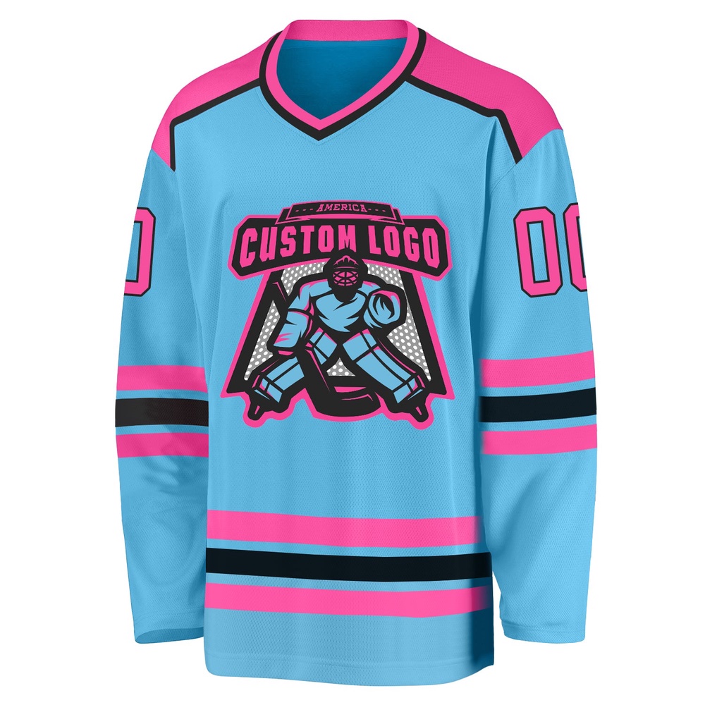 Custom Sky Blue Pink Black Hockey Jersey, New Hockey Jersey, Personali Sport Team Jersey Shirt Custom Sky Blue Pink Black Hockey Jersey, New Hockey Jersey, Personali Sport Team Jersey Shirt