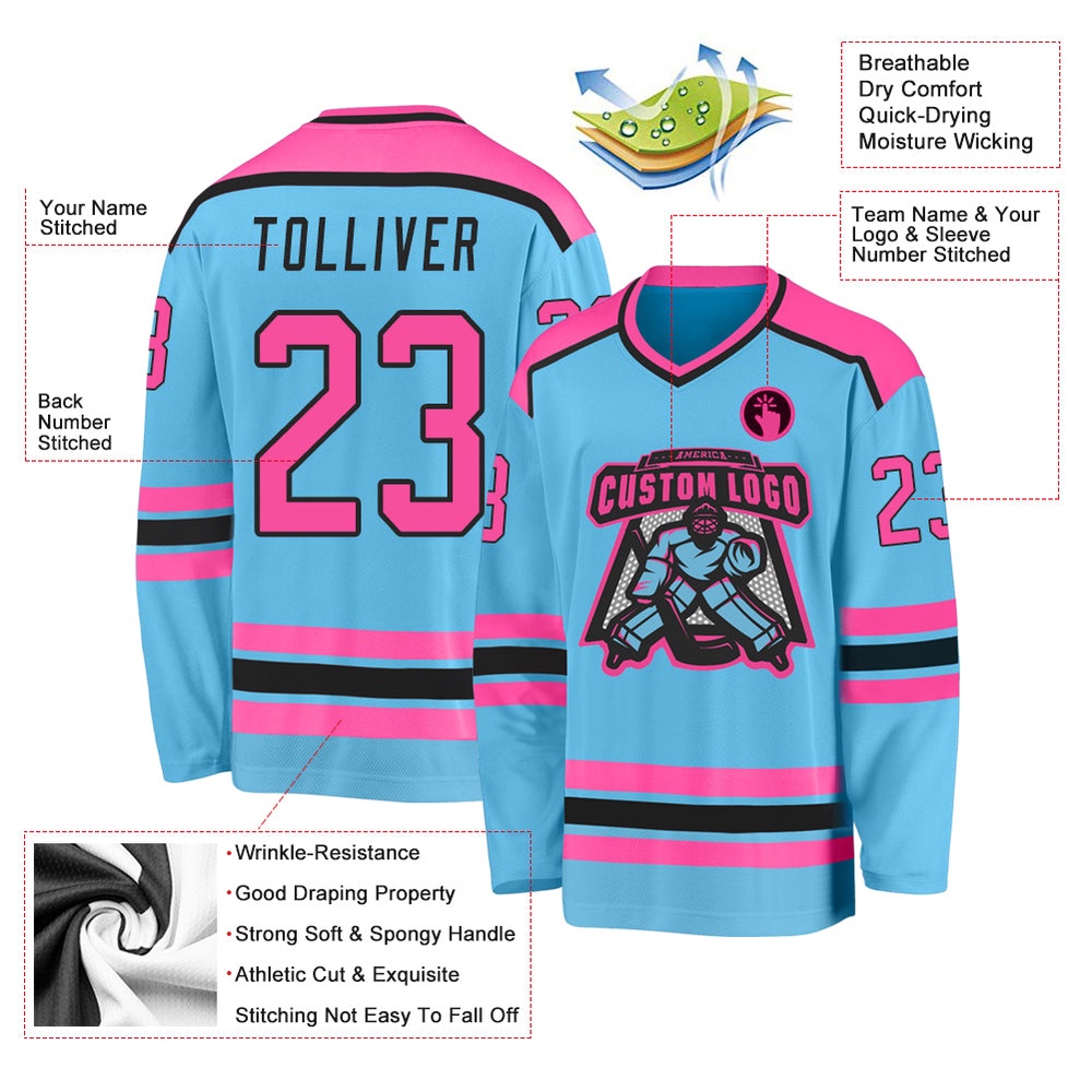 Custom Sky Blue Pink Black Hockey Jersey, New Hockey Jersey, Personali Sport Team Jersey Shirt Custom Sky Blue Pink Black Hockey Jersey, New Hockey Jersey, Personali Sport Team Jersey Shirt