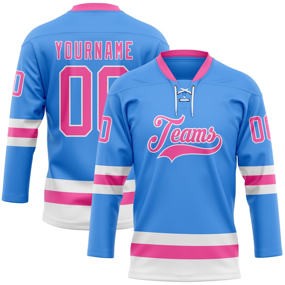 Custom Sky Blue Pink White Hockey Lace Neck Jersey, New Hockey Jersey, Personali Sport Team Jersey Shirt Custom Sky Blue Pink White Hockey Lace Neck Jersey, New Hockey Jersey, Personali Sport Team Jersey Shirt