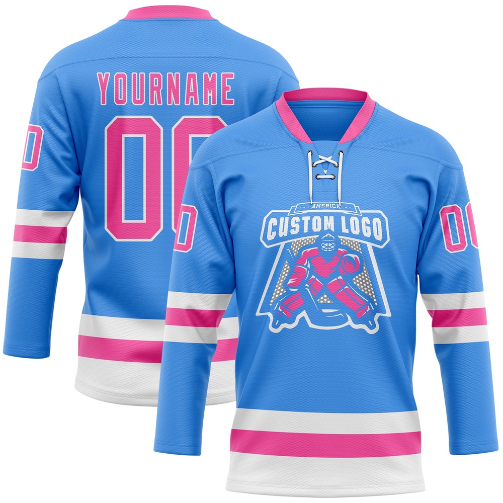 Custom Sky Blue Pink White Hockey Lace Neck Jersey, New Hockey Jersey, Personali Sport Team Jersey Shirt Custom Sky Blue Pink White Hockey Lace Neck Jersey, New Hockey Jersey, Personali Sport Team Jersey Shirt