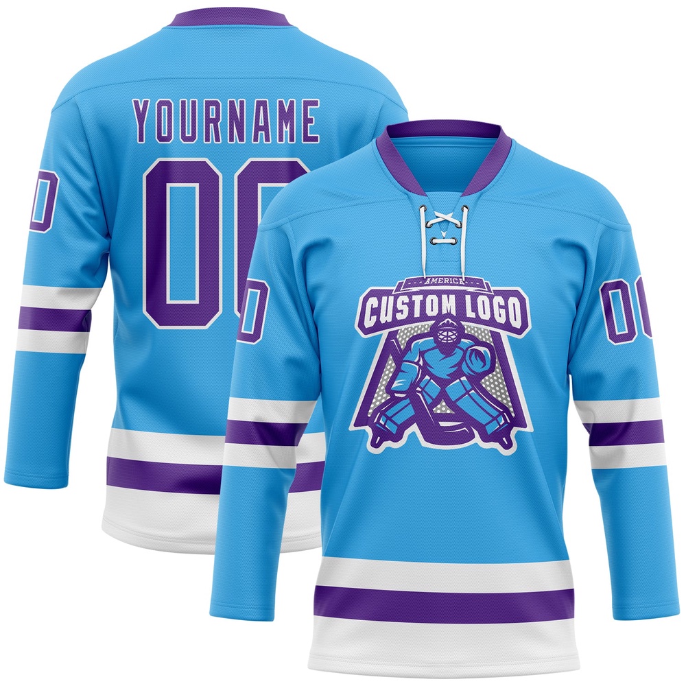 Custom Sky Blue Purple White Hockey Lace Neck Jersey, New Hockey Jersey, Personali Sport Team Jersey Shirt Custom Sky Blue Purple White Hockey Lace Neck Jersey, New Hockey Jersey, Personali Sport Team Jersey Shirt