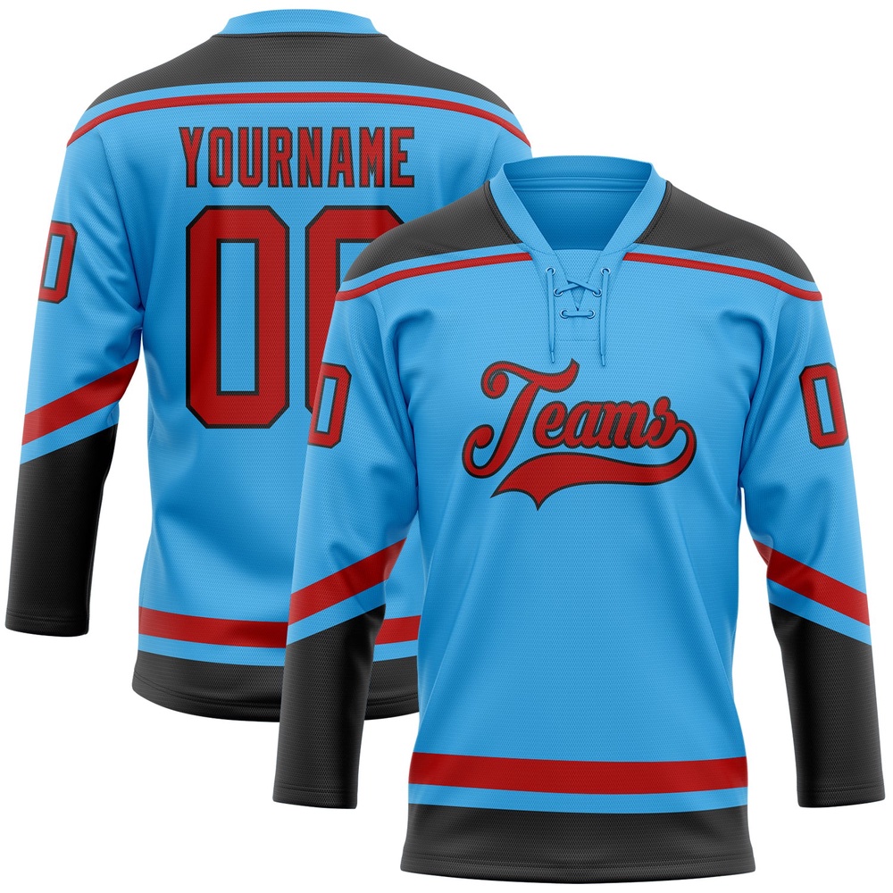 Custom Sky Blue Red Black Hockey Lace Neck Jersey, New Hockey Jersey, Personali Sport Team Jersey Shirt Custom Sky Blue Red Black Hockey Lace Neck Jersey, New Hockey Jersey, Personali Sport Team Jersey Shirt