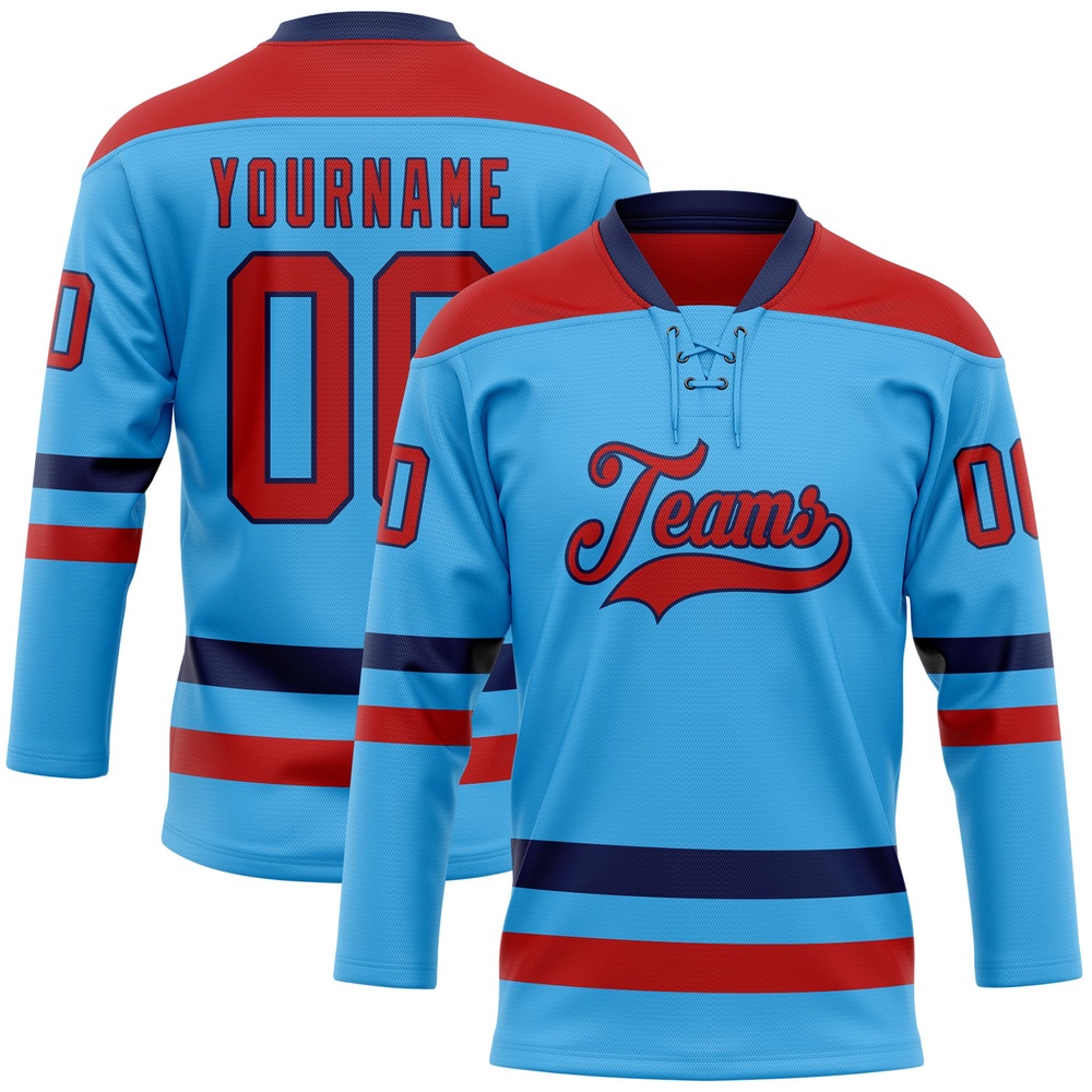 Custom Sky Blue Red Navy Hockey Lace Neck Jersey, New Hockey Jersey, Personali Sport Team Jersey Shirt Custom Sky Blue Red Navy Hockey Lace Neck Jersey, New Hockey Jersey, Personali Sport Team Jersey Shirt