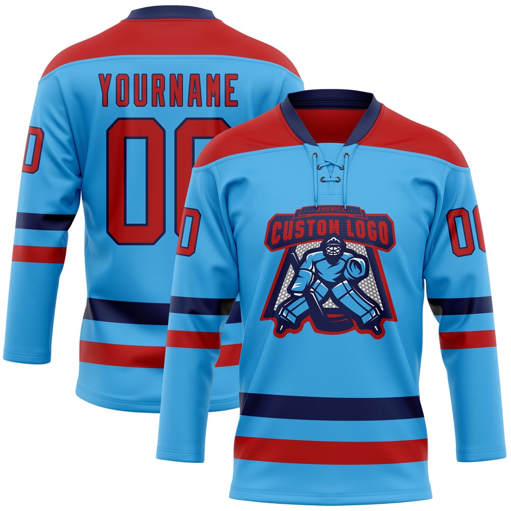 Custom Sky Blue Red Navy Hockey Lace Neck Jersey, New Hockey Jersey, Personali Sport Team Jersey Shirt Custom Sky Blue Red Navy Hockey Lace Neck Jersey, New Hockey Jersey, Personali Sport Team Jersey Shirt
