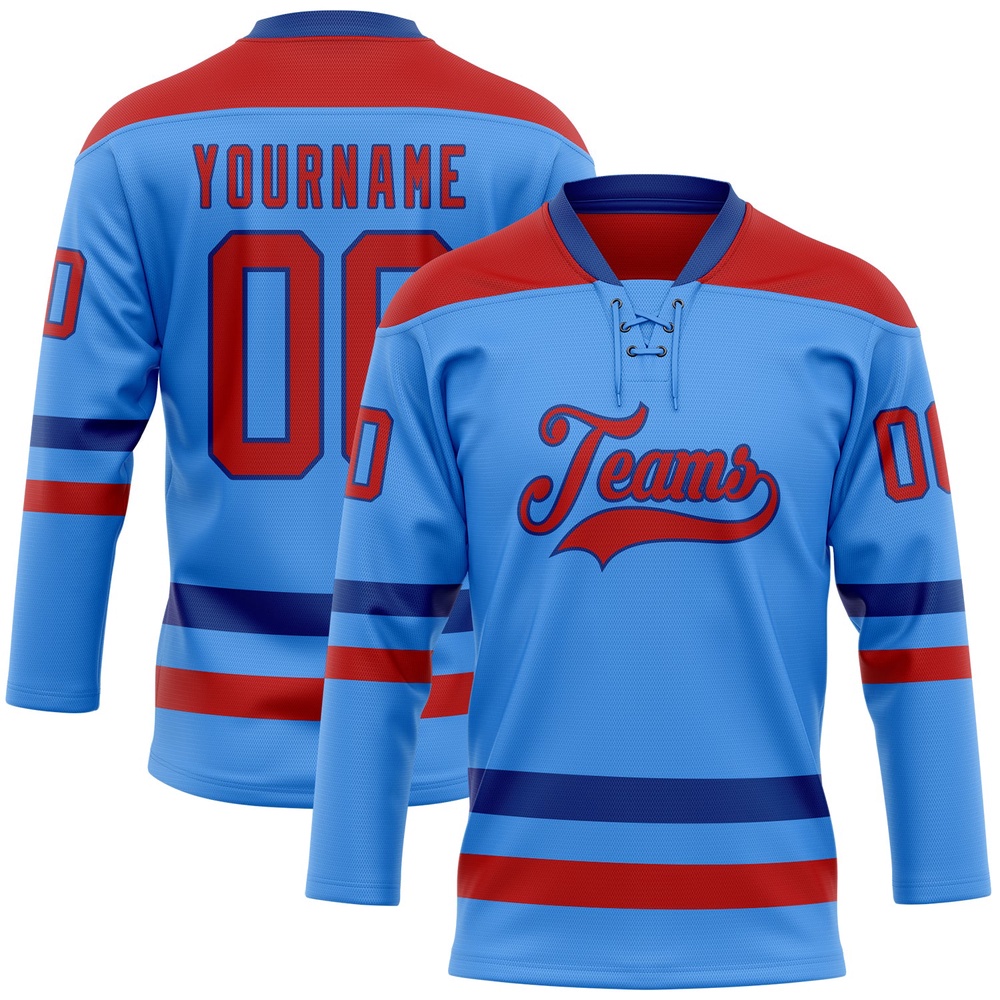 Custom Sky Blue Red Royal Hockey Lace Neck Jersey, New Hockey Jersey, Personali Sport Team Jersey Shirt Custom Sky Blue Red Royal Hockey Lace Neck Jersey, New Hockey Jersey, Personali Sport Team Jersey Shirt