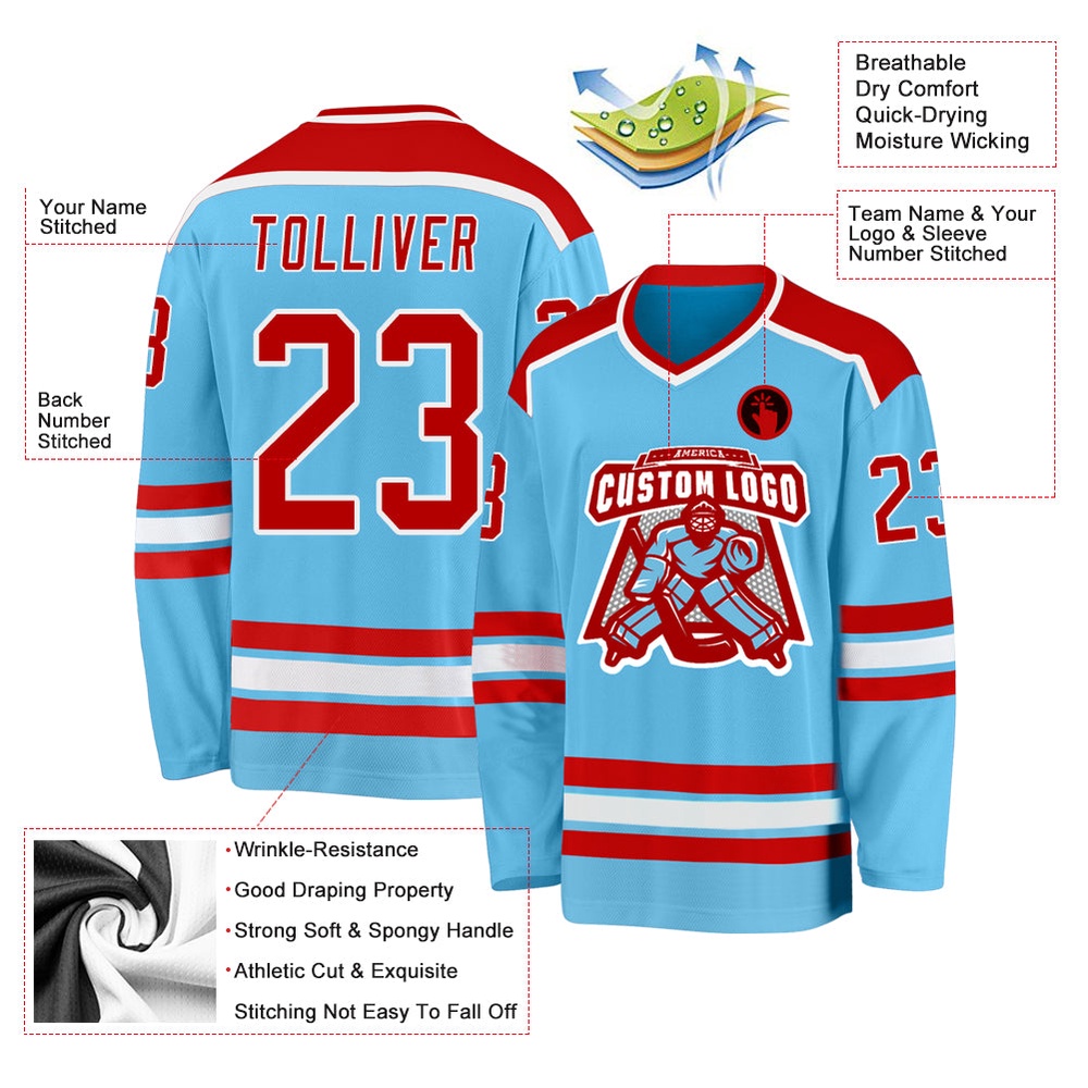 Custom Sky Blue Red White Hockey Jersey, New Hockey Jersey, Personali Sport Team Jersey Shirt