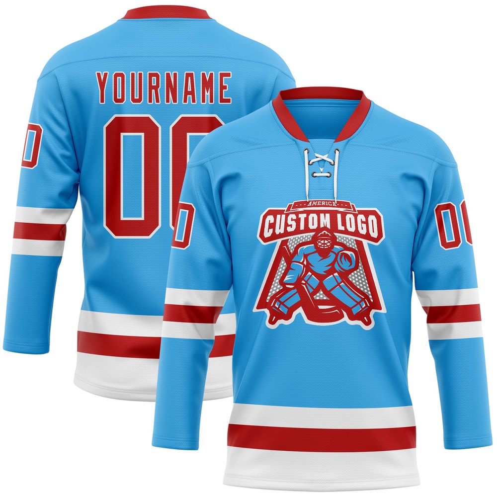 Custom Sky Blue Red White Hockey Lace Neck Jersey, New Hockey Jersey, Personali Sport Team Jersey Shirt Custom Sky Blue Red White Hockey Lace Neck Jersey, New Hockey Jersey, Personali Sport Team Jersey Shirt