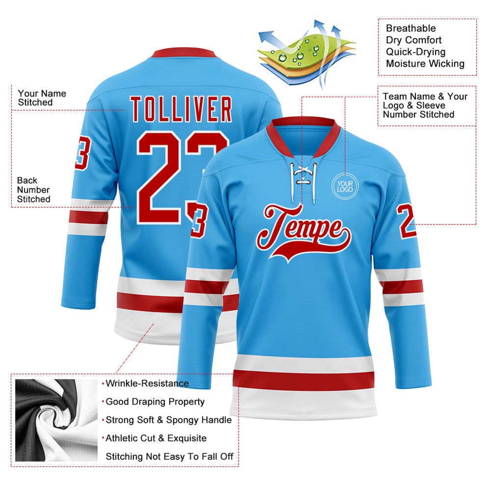 Custom Sky Blue Red White Hockey Lace Neck Jersey, New Hockey Jersey, Personali Sport Team Jersey Shirt Custom Sky Blue Red White Hockey Lace Neck Jersey, New Hockey Jersey, Personali Sport Team Jersey Shirt