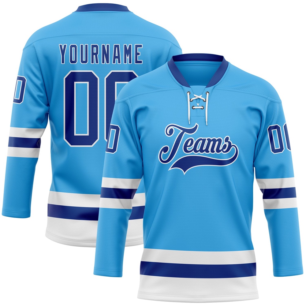 Custom Sky Blue Royal White Hockey Lace Neck Jersey, New Hockey Jersey, Personali Sport Team Jersey Shirt Custom Sky Blue Royal White Hockey Lace Neck Jersey, New Hockey Jersey, Personali Sport Team Jersey Shirt