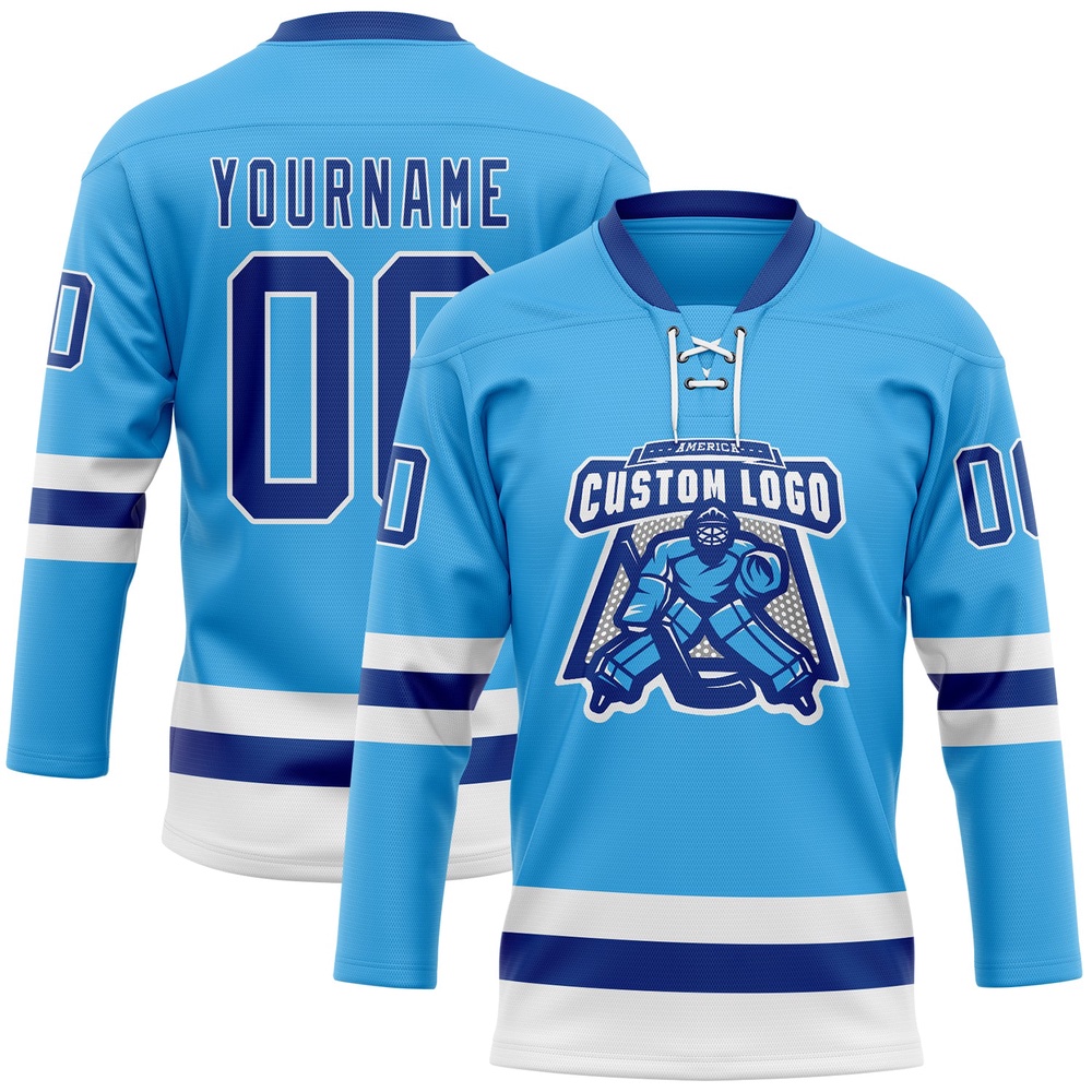 Custom Sky Blue Royal White Hockey Lace Neck Jersey, New Hockey Jersey, Personali Sport Team Jersey Shirt Custom Sky Blue Royal White Hockey Lace Neck Jersey, New Hockey Jersey, Personali Sport Team Jersey Shirt