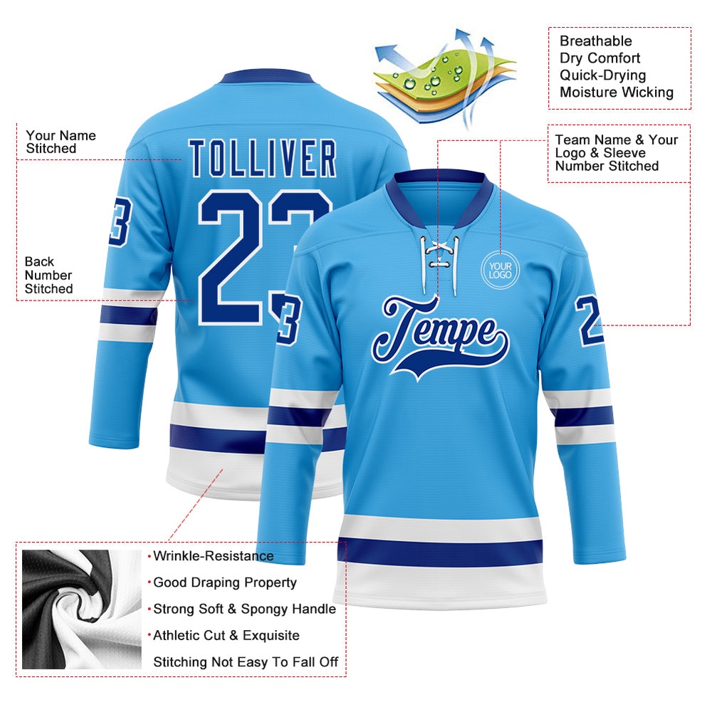 Custom Sky Blue Royal White Hockey Lace Neck Jersey, New Hockey Jersey, Personali Sport Team Jersey Shirt Custom Sky Blue Royal White Hockey Lace Neck Jersey, New Hockey Jersey, Personali Sport Team Jersey Shirt