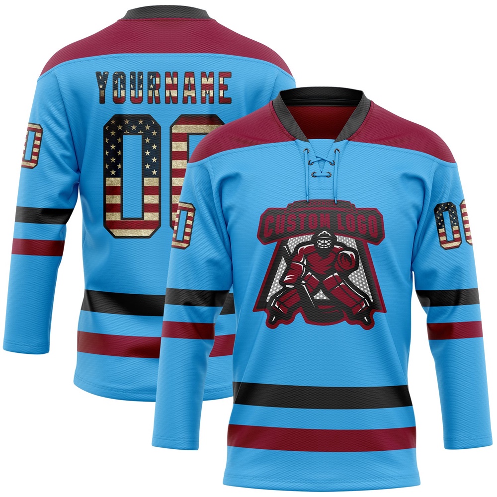Custom Sky Blue Vintage USA Flag Black Maroon Hockey Lace Neck Jersey, New Hockey Jersey, Personali Sport Team Jersey Shirt Custom Sky Blue Vintage USA Flag Black Maroon Hockey Lace Neck Jersey, New Hockey Jersey, Personali Sport Team Jersey Shirt