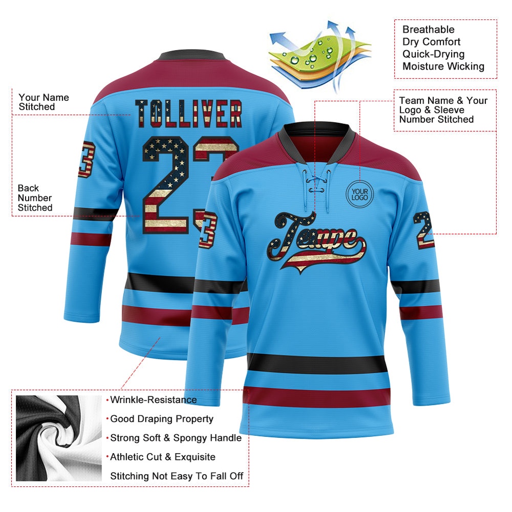 Custom Sky Blue Vintage USA Flag Black Maroon Hockey Lace Neck Jersey, New Hockey Jersey, Personali Sport Team Jersey Shirt Custom Sky Blue Vintage USA Flag Black Maroon Hockey Lace Neck Jersey, New Hockey Jersey, Personali Sport Team Jersey Shirt