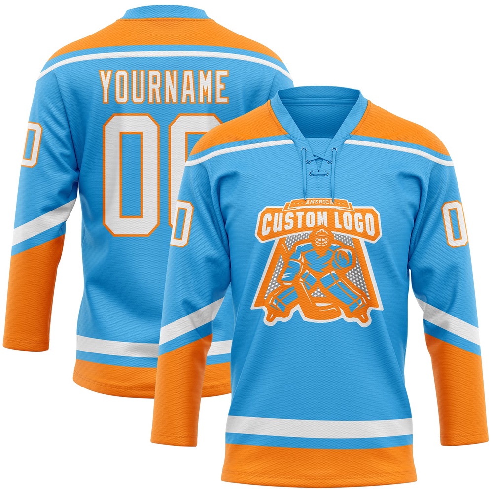 Custom Sky Blue White Bay Orange Hockey Lace Neck Jersey, New Hockey Jersey, Personali Sport Team Jersey Shirt Custom Sky Blue White Bay Orange Hockey Lace Neck Jersey, New Hockey Jersey, Personali Sport Team Jersey Shirt