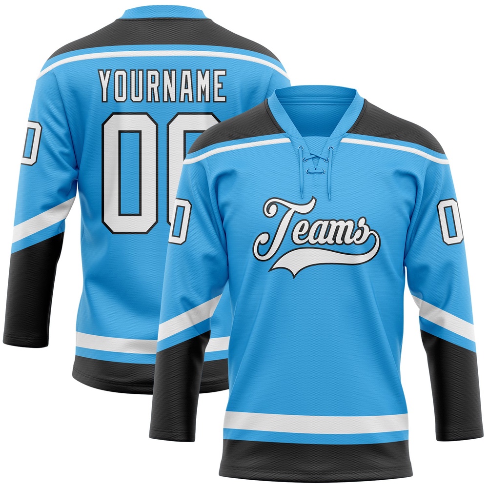 Custom Sky Blue White Black Hockey Lace Neck Jersey, New Hockey Jersey, Personali Sport Team Jersey Shirt Custom Sky Blue White Black Hockey Lace Neck Jersey, New Hockey Jersey, Personali Sport Team Jersey Shirt