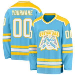 Custom Sky Blue White Gold Hockey Jersey,&hellip;