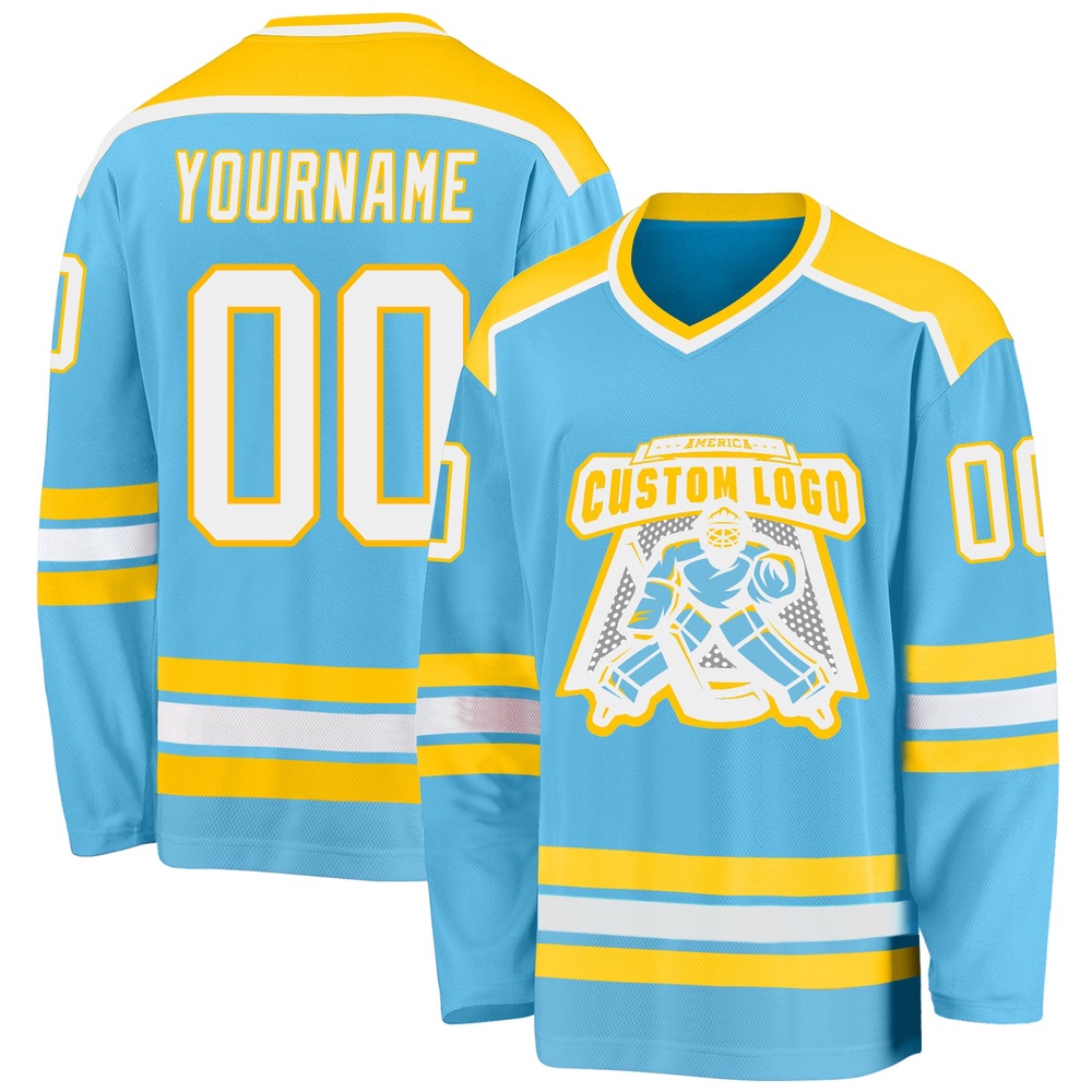Custom Sky Blue White Gold Hockey Jersey, New Hockey Jersey, Personali Sport Team Jersey Shirt Custom Sky Blue White Gold Hockey Jersey, New Hockey Jersey, Personali Sport Team Jersey Shirt