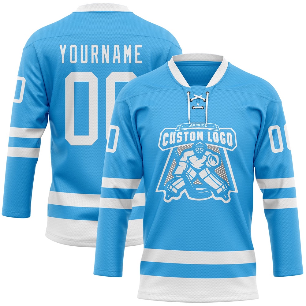 Custom Sky Blue White Hockey Lace Neck Jersey, New Hockey Jersey, Personali Sport Team Jersey Shirt Custom Sky Blue White Hockey Lace Neck Jersey, New Hockey Jersey, Personali Sport Team Jersey Shirt
