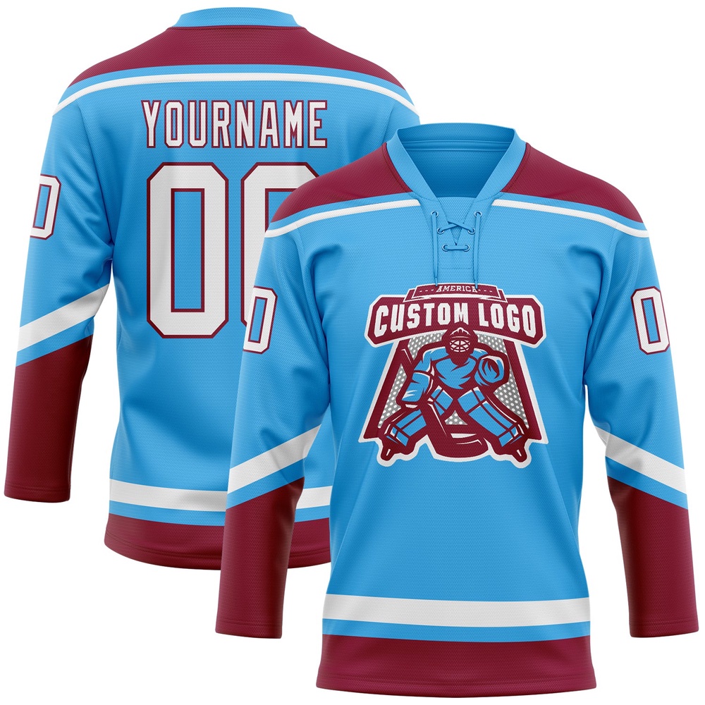 Custom Sky Blue White Maroon Hockey Lace Neck Jersey, New Hockey Jersey, Personali Sport Team Jersey Shirt Custom Sky Blue White Maroon Hockey Lace Neck Jersey, New Hockey Jersey, Personali Sport Team Jersey Shirt