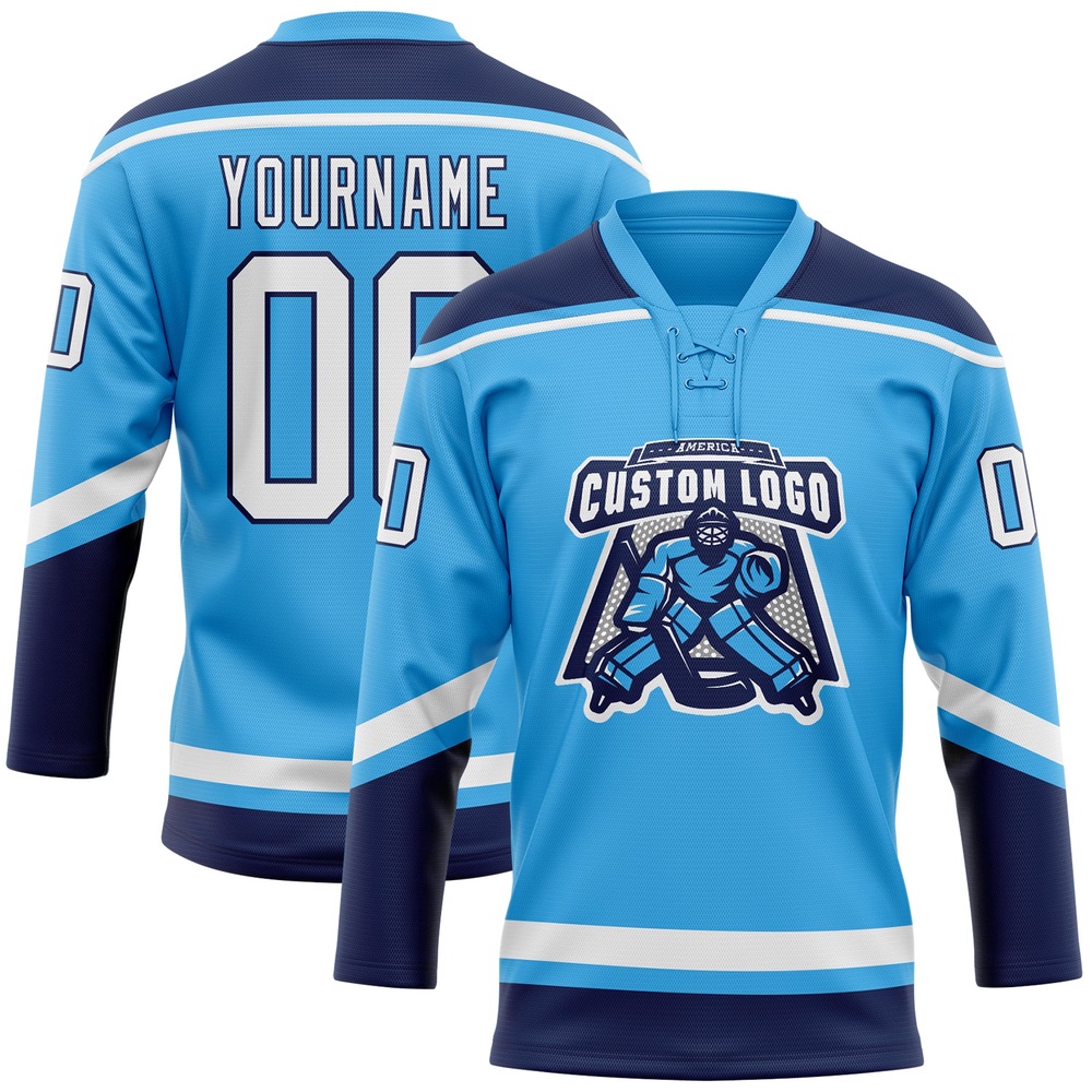 Custom Sky Blue White Navy Hockey Lace Neck Jersey, New Hockey Jersey, Personali Sport Team Jersey Shirt Custom Sky Blue White Navy Hockey Lace Neck Jersey, New Hockey Jersey, Personali Sport Team Jersey Shirt