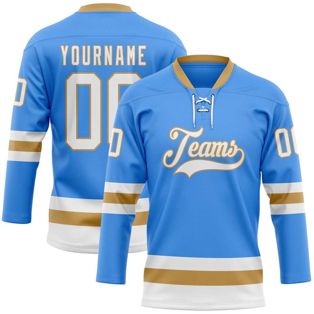 Custom Sky Blue White Old Gold Hockey Lace Neck Jersey, New Hockey Jersey, Personali Sport Team Jersey Shirt Custom Sky Blue White Old Gold Hockey Lace Neck Jersey, New Hockey Jersey, Personali Sport Team Jersey Shirt