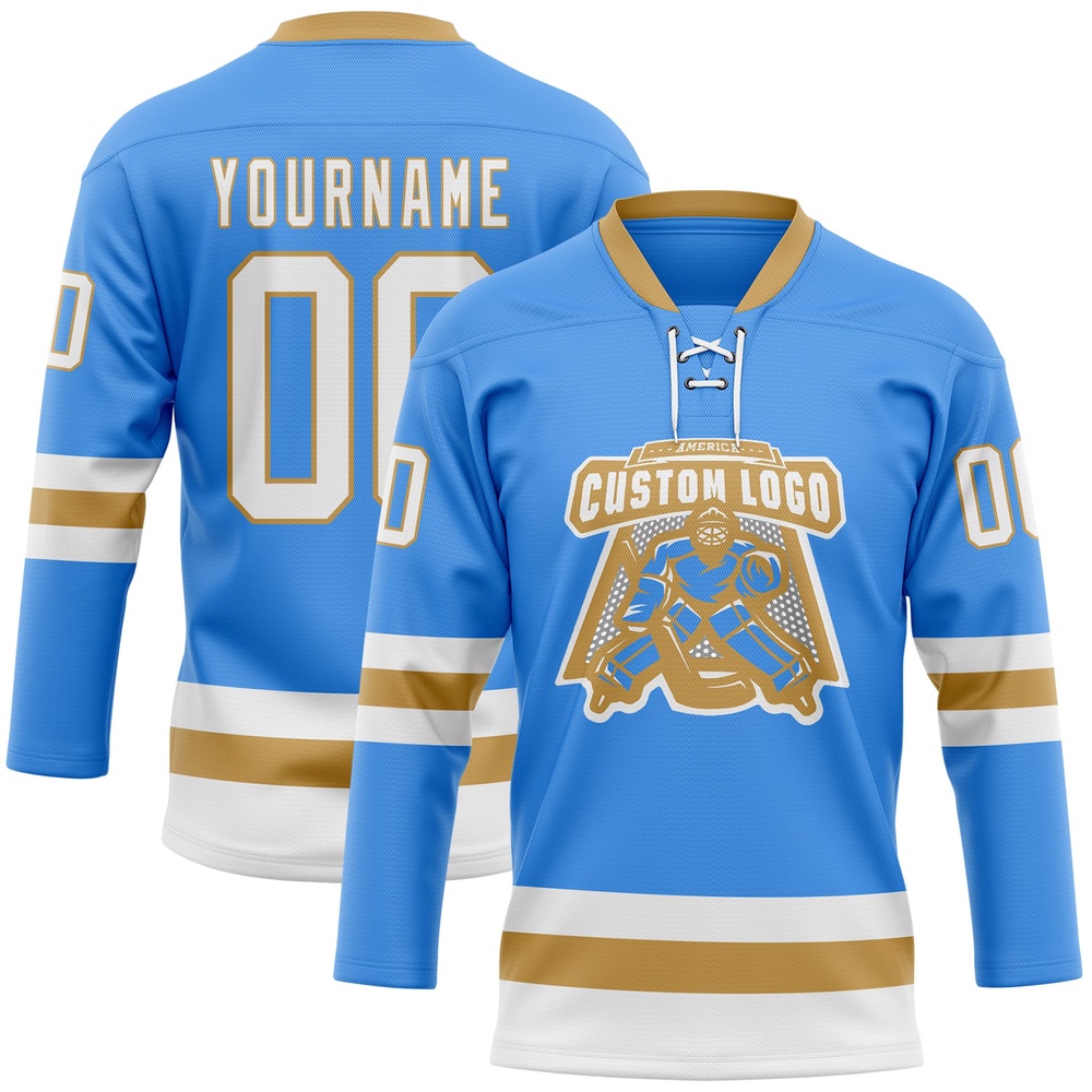 Custom Sky Blue White Old Gold Hockey Lace Neck Jersey, New Hockey Jersey, Personali Sport Team Jersey Shirt Custom Sky Blue White Old Gold Hockey Lace Neck Jersey, New Hockey Jersey, Personali Sport Team Jersey Shirt