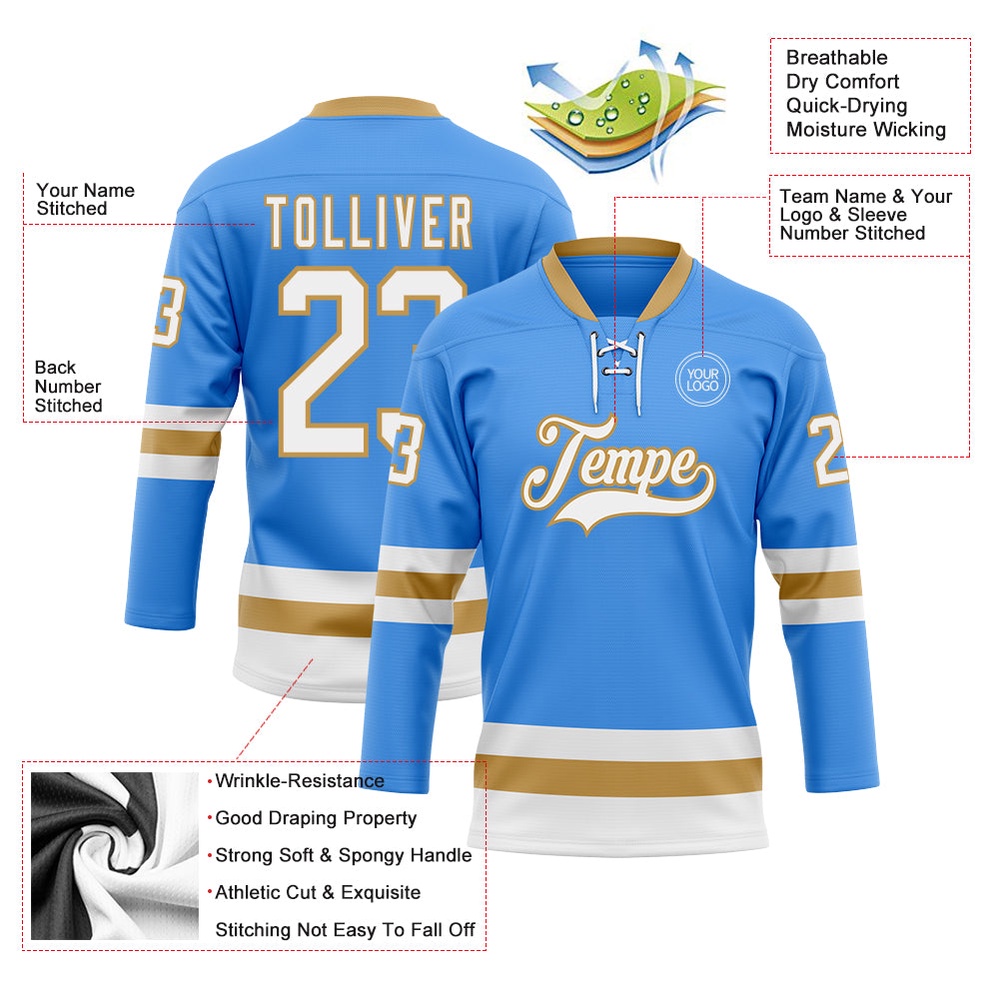 Custom Sky Blue White Old Gold Hockey Lace Neck Jersey, New Hockey Jersey, Personali Sport Team Jersey Shirt Custom Sky Blue White Old Gold Hockey Lace Neck Jersey, New Hockey Jersey, Personali Sport Team Jersey Shirt