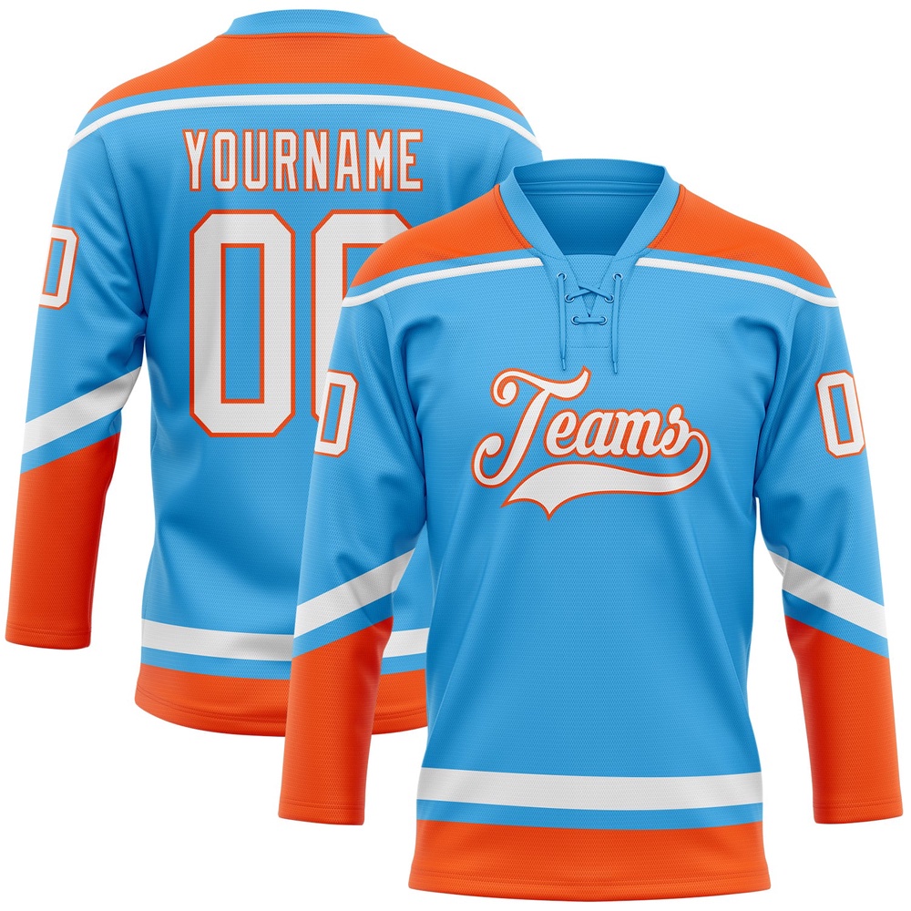 Custom Sky Blue White Orange Hockey Lace Neck Jersey, New Hockey Jersey, Personali Sport Team Jersey Shirt Custom Sky Blue White Orange Hockey Lace Neck Jersey, New Hockey Jersey, Personali Sport Team Jersey Shirt