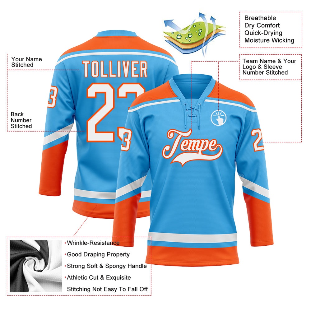 Custom Sky Blue White Orange Hockey Lace Neck Jersey, New Hockey Jersey, Personali Sport Team Jersey Shirt Custom Sky Blue White Orange Hockey Lace Neck Jersey, New Hockey Jersey, Personali Sport Team Jersey Shirt