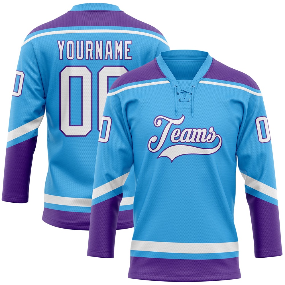 Custom Sky Blue White Purple Hockey Lace Neck Jersey, New Hockey Jersey, Personali Sport Team Jersey Shirt Custom Sky Blue White Purple Hockey Lace Neck Jersey, New Hockey Jersey, Personali Sport Team Jersey Shirt