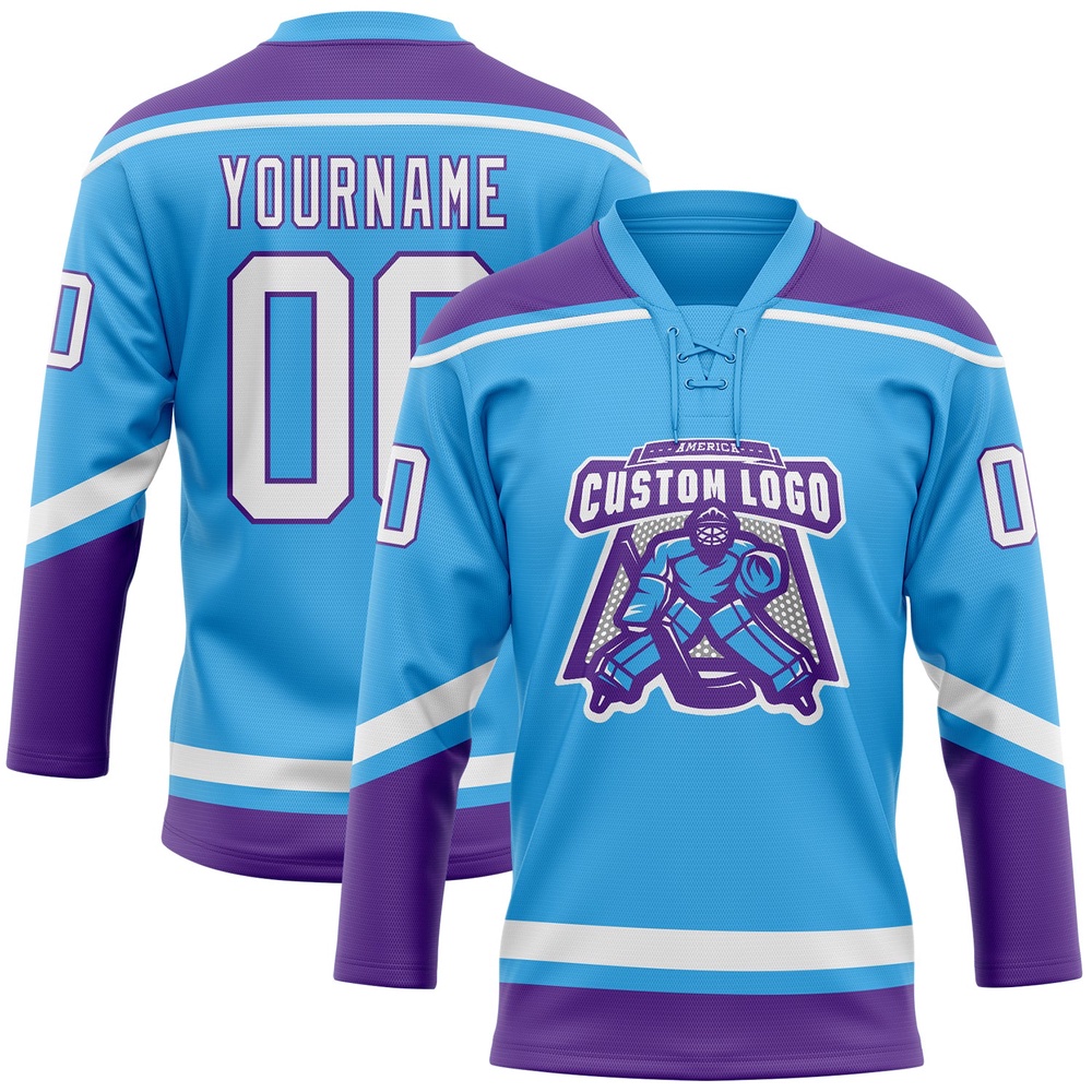 Custom Sky Blue White Purple Hockey Lace Neck Jersey, New Hockey Jersey, Personali Sport Team Jersey Shirt Custom Sky Blue White Purple Hockey Lace Neck Jersey, New Hockey Jersey, Personali Sport Team Jersey Shirt