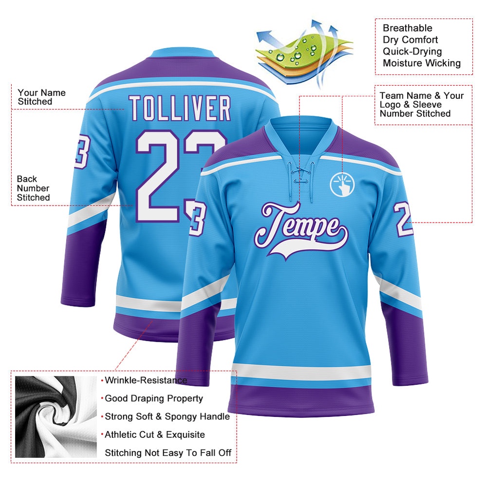 Custom Sky Blue White Purple Hockey Lace Neck Jersey, New Hockey Jersey, Personali Sport Team Jersey Shirt Custom Sky Blue White Purple Hockey Lace Neck Jersey, New Hockey Jersey, Personali Sport Team Jersey Shirt