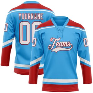 Custom Sky Blue White Red Hockey Lace&hellip;