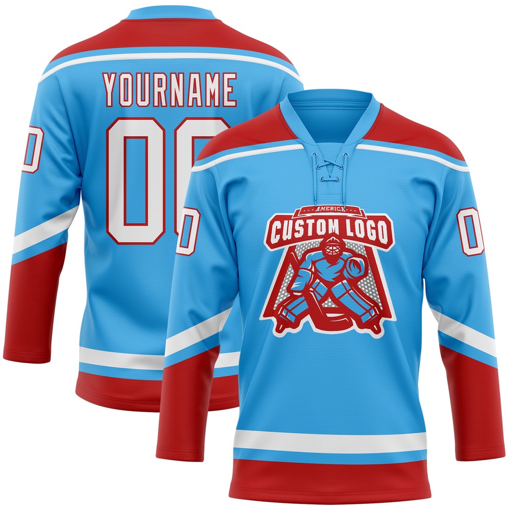 Custom Sky Blue White Red Hockey Lace Neck Jersey, New Hockey Jersey, Personali Sport Team Jersey Shirt Custom Sky Blue White Red Hockey Lace Neck Jersey, New Hockey Jersey, Personali Sport Team Jersey Shirt