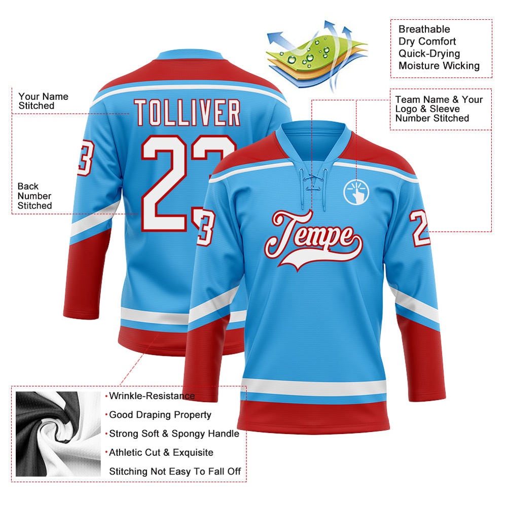 Custom Sky Blue White Red Hockey Lace Neck Jersey, New Hockey Jersey, Personali Sport Team Jersey Shirt Custom Sky Blue White Red Hockey Lace Neck Jersey, New Hockey Jersey, Personali Sport Team Jersey Shirt