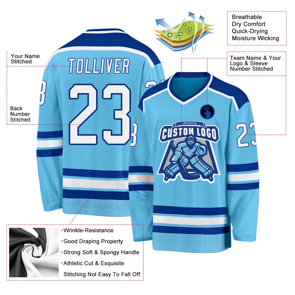 Custom Sky Blue White Royal Hockey Jersey, New Hockey Jersey, Personali Sport Team Jersey Shirt Custom Sky Blue White Royal Hockey Jersey, New Hockey Jersey, Personali Sport Team Jersey Shirt