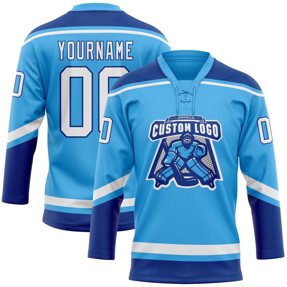 Custom Sky Blue White Royal Hockey Lace Neck Jersey, New Hockey Jersey, Personali Sport Team Jersey Shirt Custom Sky Blue White Royal Hockey Lace Neck Jersey, New Hockey Jersey, Personali Sport Team Jersey Shirt