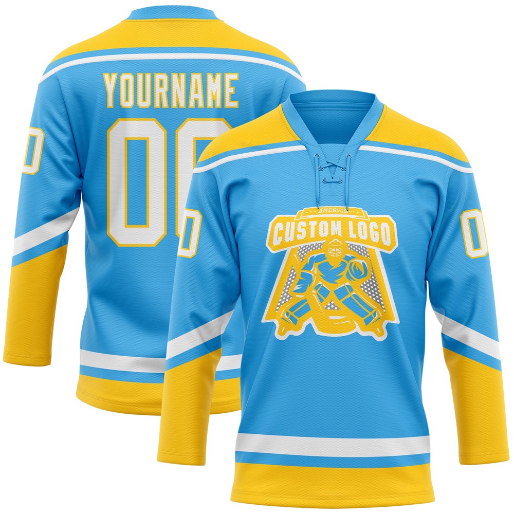 Custom Sky Blue White Yellow Hockey Lace Neck Jersey, New Hockey Jersey, Personali Sport Team Jersey Shirt Custom Sky Blue White Yellow Hockey Lace Neck Jersey, New Hockey Jersey, Personali Sport Team Jersey Shirt