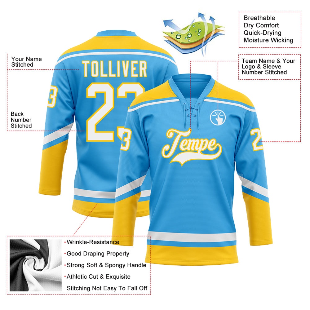 Custom Sky Blue White Yellow Hockey Lace Neck Jersey, New Hockey Jersey, Personali Sport Team Jersey Shirt Custom Sky Blue White Yellow Hockey Lace Neck Jersey, New Hockey Jersey, Personali Sport Team Jersey Shirt