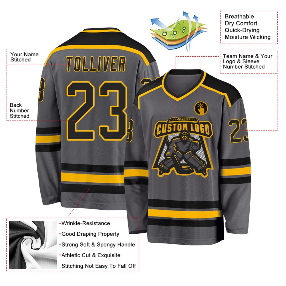 Custom Steel Gray Black Gold Hockey Jersey, New Hockey Jersey, Personali Sport Team Jersey Shirt