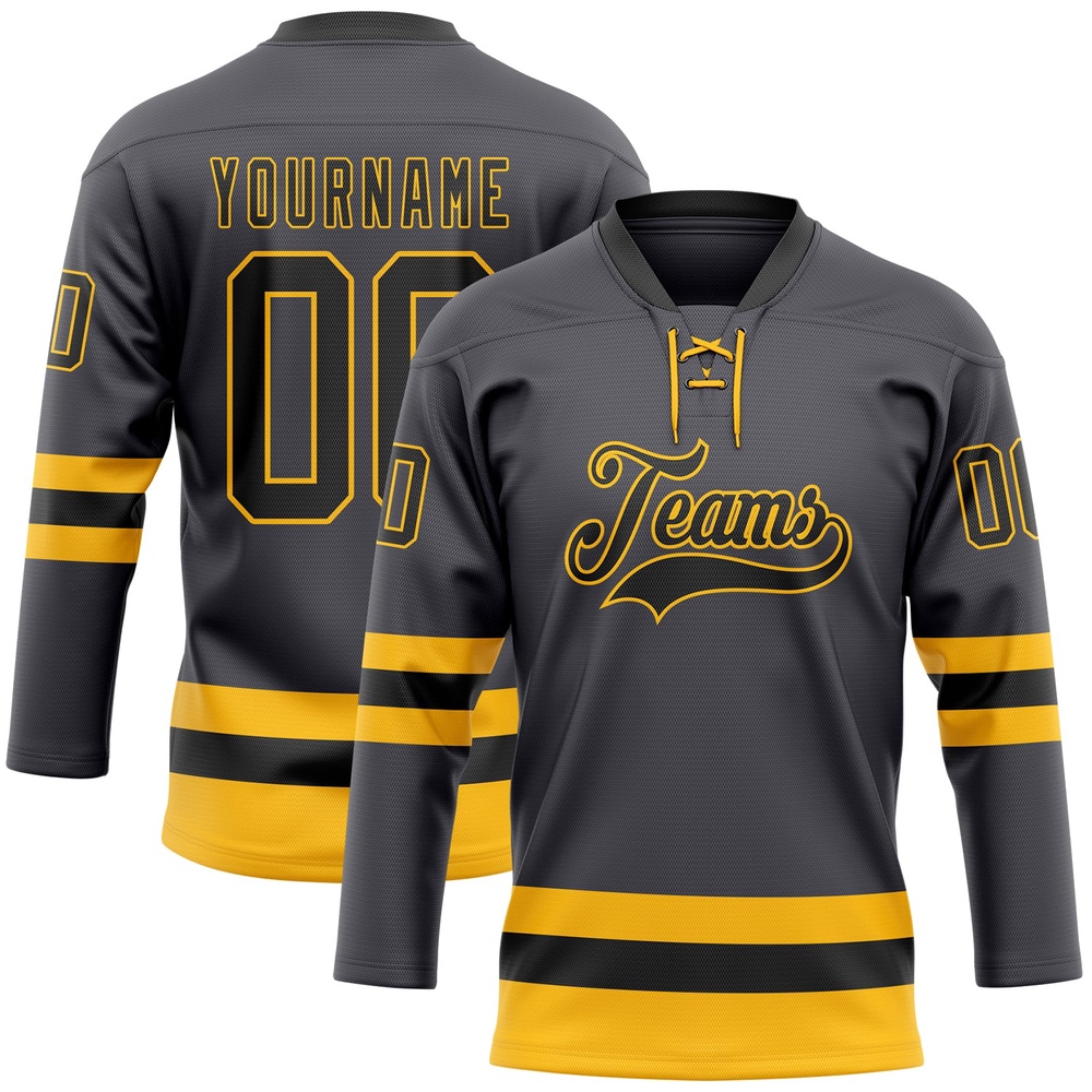 Custom Steel Gray Black Gold Hockey Lace Neck Jersey, New Hockey Jersey, Personali Sport Team Jersey Shirt Custom Steel Gray Black Gold Hockey Lace Neck Jersey, New Hockey Jersey, Personali Sport Team Jersey Shirt