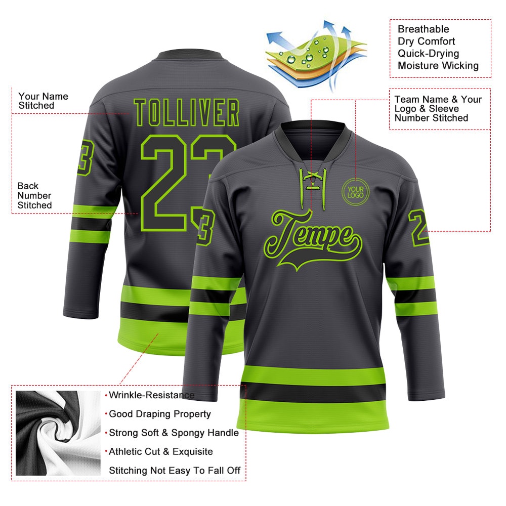 Custom Steel Gray Black Neon Green Hockey Lace Neck Jersey, New Hockey Jersey, Personali Sport Team Jersey Shirt Custom Steel Gray Black Neon Green Hockey Lace Neck Jersey, New Hockey Jersey, Personali Sport Team Jersey Shirt
