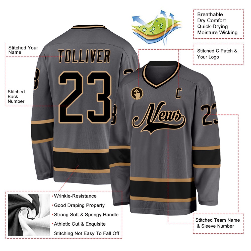 Custom Steel Gray Black Old Gold Hockey Jersey, New Hockey Jersey, Personali Sport Team Jersey Shirt