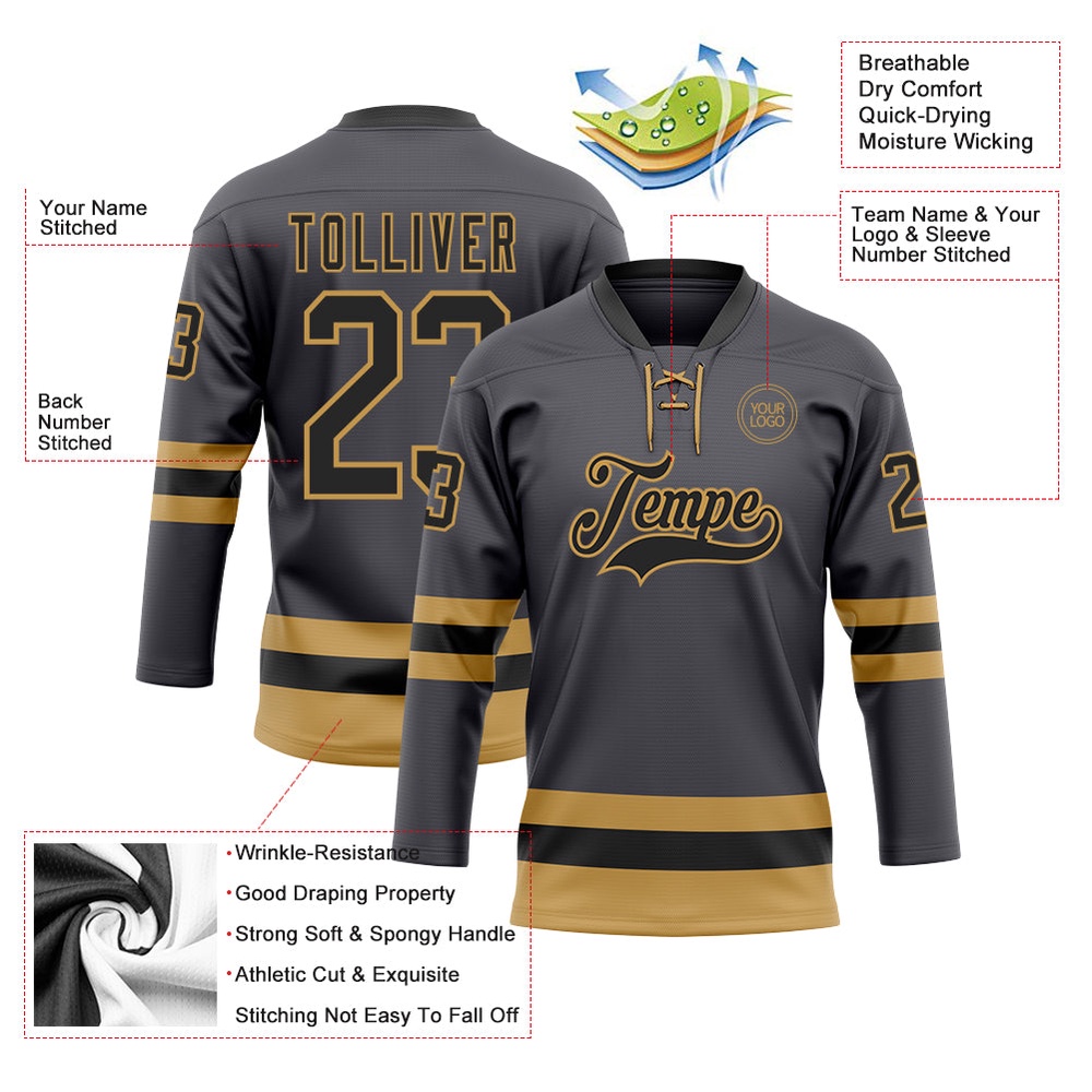 Custom Steel Gray Black Old Gold Hockey Lace Neck Jersey, New Hockey Jersey, Personali Sport Team Jersey Shirt Custom Steel Gray Black Old Gold Hockey Lace Neck Jersey, New Hockey Jersey, Personali Sport Team Jersey Shirt