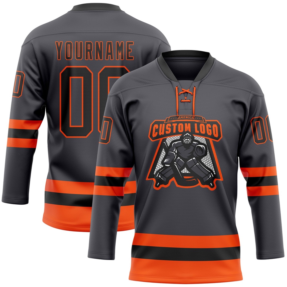 Custom Steel Gray Black Orange Hockey Lace Neck Jersey, New Hockey Jersey, Personali Sport Team Jersey Shirt Custom Steel Gray Black Orange Hockey Lace Neck Jersey, New Hockey Jersey, Personali Sport Team Jersey Shirt