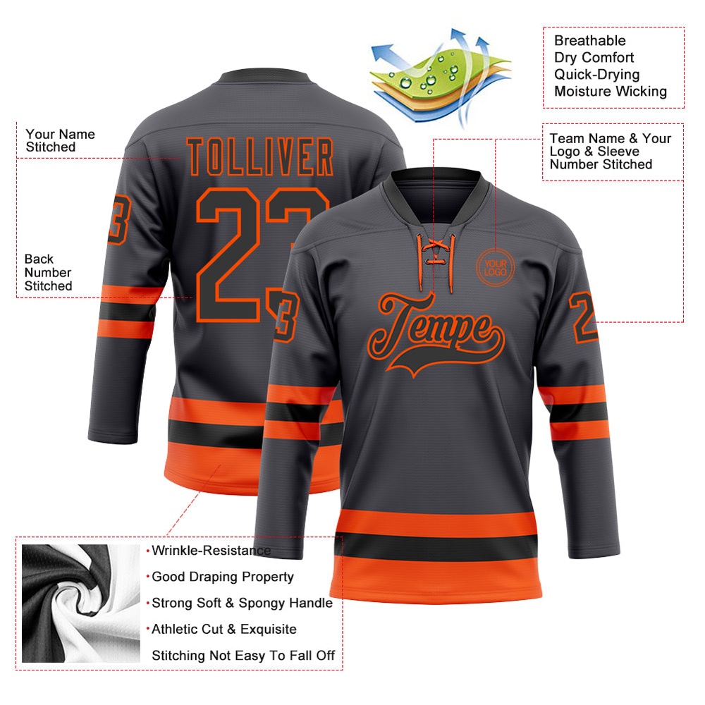 Custom Steel Gray Black Orange Hockey Lace Neck Jersey, New Hockey Jersey, Personali Sport Team Jersey Shirt Custom Steel Gray Black Orange Hockey Lace Neck Jersey, New Hockey Jersey, Personali Sport Team Jersey Shirt