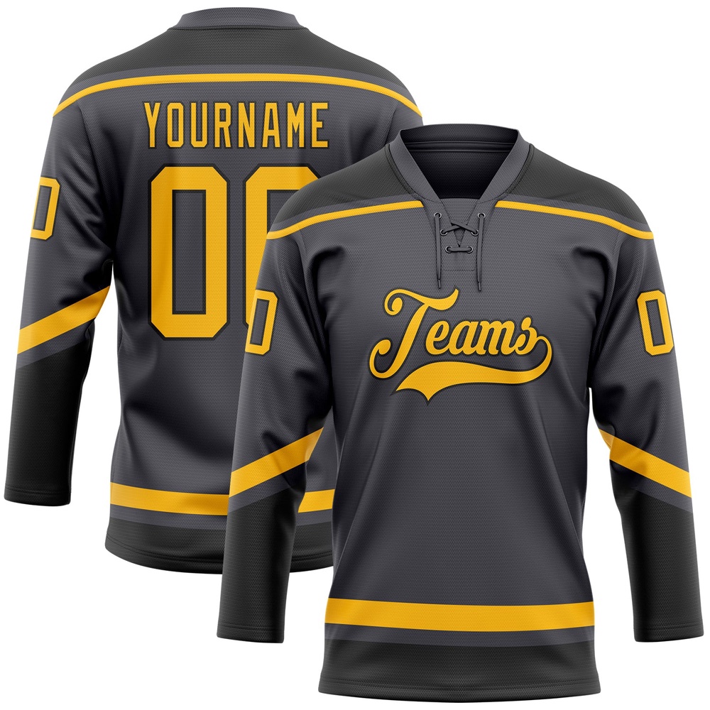 Custom Steel Gray Gold Black Hockey Lace Neck Jersey, New Hockey Jersey, Personali Sport Team Jersey Shirt Custom Steel Gray Gold Black Hockey Lace Neck Jersey, New Hockey Jersey, Personali Sport Team Jersey Shirt